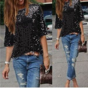 H&M Black Sequin Short Sleeve Top Cropped